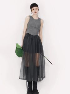 TeaTree Fairy Skirt Mesh Half Skirt Sun Protection Drapey Overlap Single Layer Apron Long H-Shape Pure Color Polyester