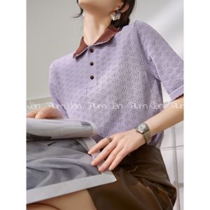 PlumJan | Summer Casual Contrast Collar Purple Knit Short Sleeve Blouse
