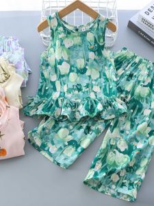 Childrens Cotton Silk Sleepwear Summer Thin Strap Wide Leg Pants Set Sleeveless Home Clothes Casual Style for Girls