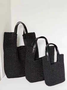 Black Silk Velvet Woven Tote Bag Large Capacity Womens Bag Wooden Love Fashionable Commuter Bag Double Strap Handbag Shoulder Bag