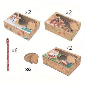 Bộ Hộp Quà Bánh Quy Giáng Sinh 18 Chiếc - 6 Hộp Giấy Kraft Có Cửa Sổ 6 Dây Buộc Gói Quà Và 6 Nhãn Dán Dành Cho Quà Tặng Ngày Lễ