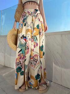 High Waist Wide Leg Pants Womens Thin Loose Drapey Sun Protection Skirt Beachwear Chiffon Printed Long Casual Trousers