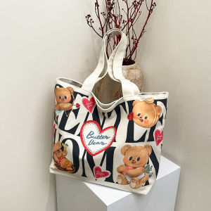 Large Capacity Canvas Tote Bag Butter Bear Cartoon Cute Handbag Single Shoulder Bag Sweet Lady Style Commute Purse Ka Le Er