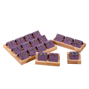 Bamboo Wood Earrings Display Stand DIY Velvet PU Leather Jewelry Storage Tray for Window Counter Props Show