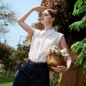 XIANGYING | Commuter Mandarin Collar Sleeveless Stripe Shirt Lightweight