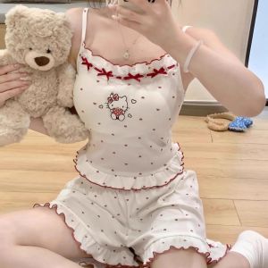 Y2K Anime Hello Kitty Sleepwear Sanrio Cute Girl Vest Shorts Set Summer Soft Comfort Casual Home Wear Student Pajamas Girl Gift