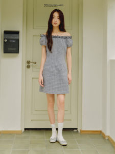 ForPoem Original Design Womens Checkered Dress with Waist-Cinching Bubble Sleeves And Ruffle Trim Commute Style Summer Dress