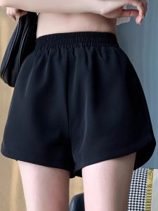 Black High-Waist A-Line Wide Leg Pants Womens Summer Casual Sports Shorts Elastic Waist Slimming Short Length Commute Style