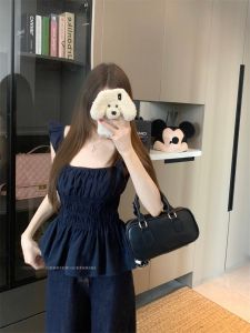 GUZILIAN | Summer Elegance Short Sleeve Fly Sleeve Waist Cinched Top Pure Color Trendy Slimming Versatile Strap Vest Womens Fashion