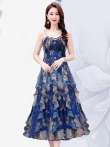 Silk Mulberry Womens Summer Dress Floral Print High Waist Long Skirt Korean Style V-Neck A-Line Gown Elegant Ladylike