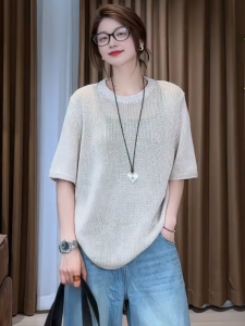 Slim Fit Short Sleeve round Neck Knitted Sweater Womens plus Size Fashionable Summer Clothes Meat Concealing Versatile Top