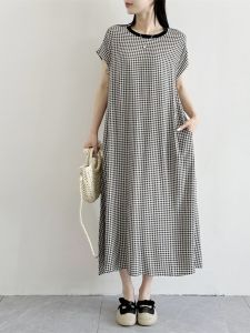 Summer 2025 Womens New Fashion Long Dress Loose Silken Cotton round Neck Design Artificial Cotton Casual Style A-Line Skirt