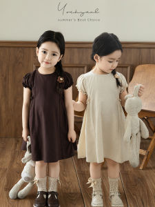 Sweet Cute Breathable Skin-friendly A-line Skirt Dress for Girls Casual Cotton Blend Fabric Drawstring Pleated Sleeve Edge