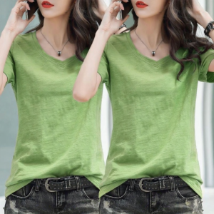Lieoyuarn | Bamboo Cotton V-Neck Short Sleeve T-Shirt Womens Loose Large Size Summer New Style