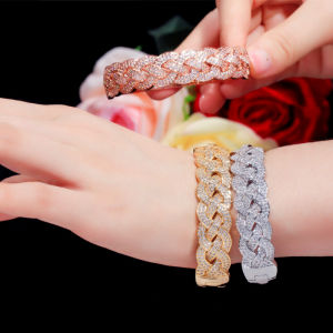 SEQUITO Dubai Fashion Women Jewelry Full Micro Pave Tiny Bling AAA Cubic Zirconia Gold Rose Silver Plated Open Cuff Bangle Tennis Bracelet for Prom Party B172