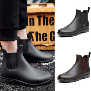 รองเท้าบู๊ตกันฝนสั้นกันน้ำสำหรับผู้ชาย รองเท้าบู๊ตเชลตันกันน้ำ รองเท้าทำงาน รองเท้าลำลอง รองเท้ายาง รองเท้าบู๊ตแบบสวม รองเท้าบู๊ตแบบสวม