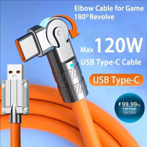 120W 6A Fast Charge USB Type C Cable 180° Rotation Elbow Data Cable Zinc Alloy Silicone USB C Cable for Game for Xiaomi/Samsung/Tablets and More