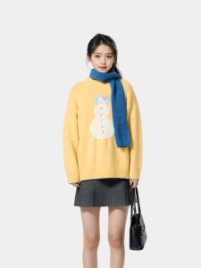 Yellow Cashmere Overhead Sweater Womens Autumn Winter Snowman Christmas Atmosphere Lazy Loose Soft Knitted Shirt Top