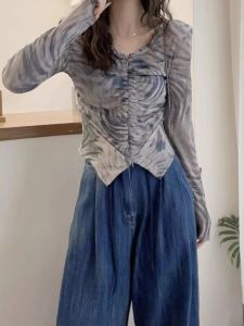 เสื้อเชิ้ตผู้หญิงแขนยาวฤดูใบไม้ร่วงปี 2024 ทรงเข้ารูป ปกกลม กระดุม ซิป ทรงเข้ารูป แขนยาว คอตั้ง เสื้อผ้าทำงาน