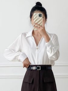 Autumn New V-neck Stripe Chiffon Shirt Women Long Sleeve Commute OL Loose White Top Overhead Shirt Business Casual Fashion