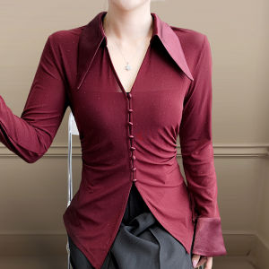 REHIN เสื้อเบลาส์แขนยาวแต่งตะเข็บด้วยพลอยเทียมของผู้หญิงเสื้อแฟชั่นสไตล์ยุโรปอันหรูหราเข้ารูปพอดี (S-4XL)