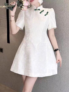 Elegant Short Cheongsam Dress Young Style New Fashion Daily High Waist Korean Version Short Sleeve Solid Color Summer Dress