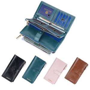 Oil Wax Leather Womens Long Wallet With Double Zipper Buckle Large Capacity Clutch Bag Multi-Card Holder