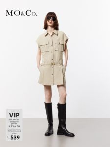 MO&Co. | Cotton Structured Workwear Pocket Broad Shoulder Flying Sleeve Low Waist With Belt Shirt Dress
