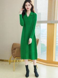 Autumn Winter Knitted Dress Polo Collar Midi Loose Sweater Dress A-Line Skirt Korean Style Commute Thick Long Sleeve Solid Color