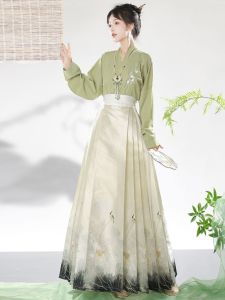 Ocnltiy Green Leaf Daily Wear Womens Cheongsam Two-Piece Set Traditional Chinese Style Commuter Hanfu Skirt And Top