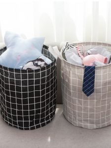 ถังเสื้อผ้าสีบริสุทธิ์แบบพับได้สำหรับใช้ในบ้าน ทรงกลม ผลิตจากผ้าฝ้ายและลินิน ช่องจัดระเบียบของเล่น อุปกรณ์จัดระเบียบในครัวเรือน