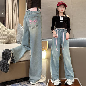 Casual Cotton Denim Pants for Girls Spring Autumn Loose Wide Leg Trousers Straight Cut Childrens Jeans Stylish Middle Big Kids