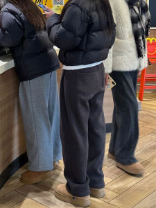 Quần Dài Thể Thao Màu Xám Đậm Cạp Cao Rộng Rãi Cho Nữ Mùa Đông 2024 Quần Dài Ống Đứng Thoải Mái Thường Ngày