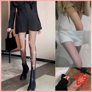 ถุงน่องตาข่าย เอวสูง ประดับพลอยเทียม แวววาว เซ็กซี่ สําหรับผู้หญิง งานปาร์ตี้ คลับ Rhinestone Mesh Stockings