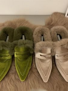 Womens Fleece Lined Cotton Slippers Roman Style Half Slippers Autumn Winter Anti-Slip Rubber Sole Comfortable Home Shoes