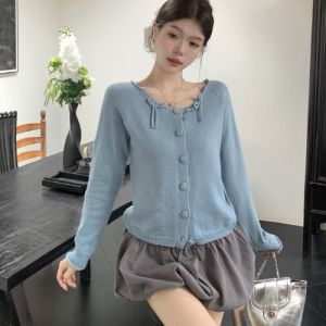Soft Glutinous Sweet Bows round Neck Long Sleeves Knitting Cardigan Autumn and Winter Slimming Silm Idle Style Cropped Sweater Coat