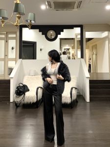 Popchee Cool Girl Matte PU Leather Pants Wide Leg Super Meat Concealing Fur Outfit Helper Ladies Casual Pants