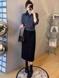 เสื้อคาร์ดิแกนสเวตเตอร์ยีนส์ทรงเข้ารูปเอวสูง ชุดสองชิ้น แฟชั่นฤดูใบไม้ร่วง/ฤดูหนาว ชุดกระโปรงสั้นผ้าฝ้ายโพลีเอสเตอร์