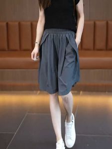 กางเกงขาสั้นผ้าไหมน้ำแข็งเอวสูงทรงหลวมสำหรับผู้หญิงไซส์ใหญ่ กางเกงขาสั้นทรงเอผ้าไหมน้ำแข็งแห้งเร็วสำหรับฤดูร้อน