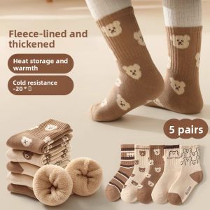 Winter Kids Thermal Socks 5-Pack Thickened Fleece Mid-Crew Cartoon Bear Cozy Socks for Children Loop Terry Warm Socks Big Kids