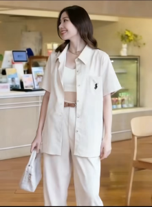 Fashion Casual Outfits With Belt Set Leisure Daily Life Short Sleeve Shirt + Wide -Leg Trouser 2372