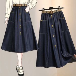 High Waist A-Line Midi Skirt plus Size Women Summer Casual Korean Style Silk Denim Half-length Slimming Skirts
