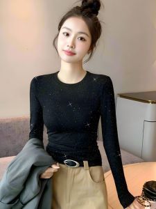 Slim Fit Long Sleeve T-Shirt Womens Base Shirt Inner Wear Black Reflective Sequins Casual Cool Style Cotton Polyester Blend