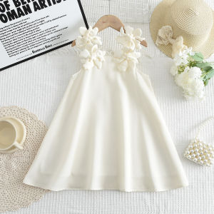 2025 Summer New Korean Version Baby Girl Casual Solid Color Dress White 3D Flower Decoration Fashion Temperament Princess Dress
