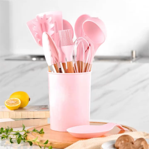 12/24Pcs Silicone Kitchen Cooking Utensils Set with Wood Handle for Non-Stick Cookware
