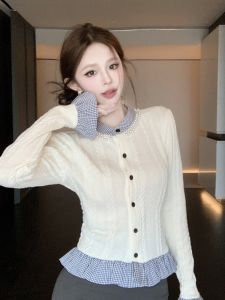 GUZILIAN | Korean Style Long Sleeve Color Block Knitwear Womens Stand Collar Single Button Design Sensation Small Quantity Popular Item
