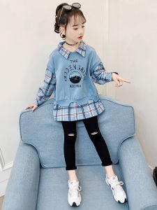Girls Loose Sweatshirt Casual Spring Fashion Plaid Patchwork Midi Top Breathable Pure Cotton Long Sleeve Childrens Clothing