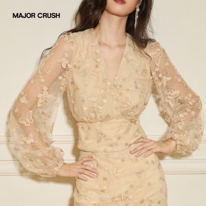 Elegant Lace French Style Golden Luxury Embroidery Puff Sleeve Dress Suite