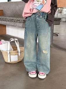 Korean Style Ripped Denim Jeans Straight Leg Baby Girls Spring Autumn New Fashion Retro Cotton Trousers Childrens Clothing