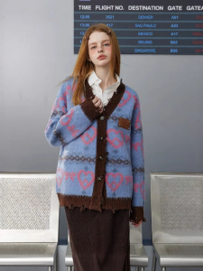 Unifree | Hole Love Pattern Contrast Color Retro Lined Loose Blue Knit Sweater